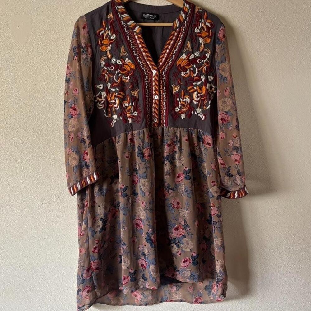 Natura Long Sleeve Boho Embroidered Floral Mesh Overlay Dress Size Large